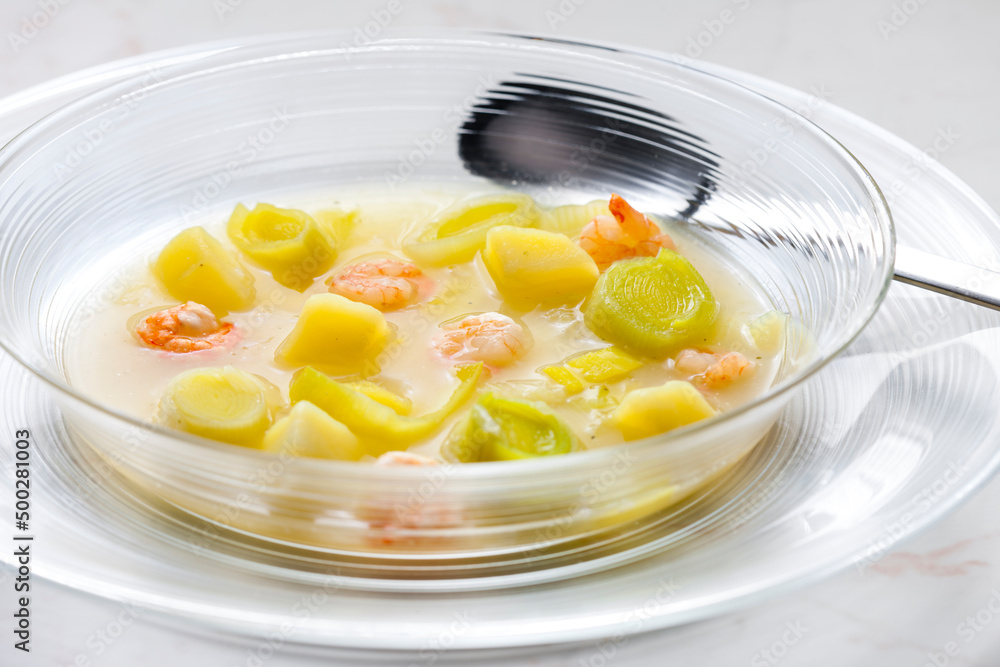 leek soup with potatoes and shrimps leek soup with potatoes and shrimps