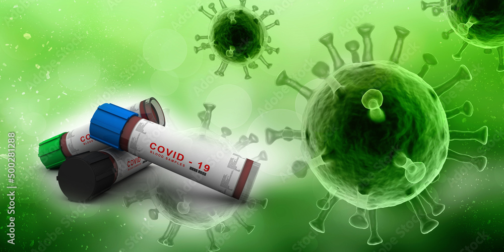 3D illustration covid 19 blood testing with sample bottle 3D illustration covid 19 blood testing with sample bottle