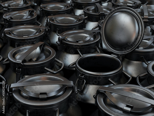 Group of milk cans with open lid black, 3d render