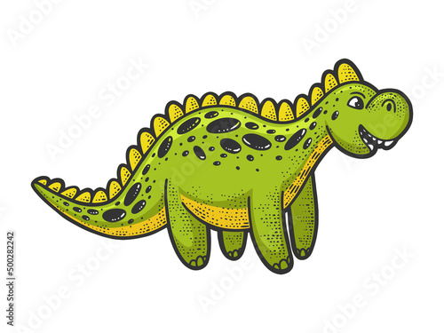 Stuffed soft toy dinosaur color sketch engraving vector illustration. T-shirt apparel print design. Scratch board imitation. Black and white hand drawn image.