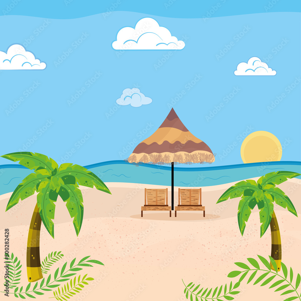 Pair of chairs with umbrella on the beach Summer holiday travel landscape Vector
