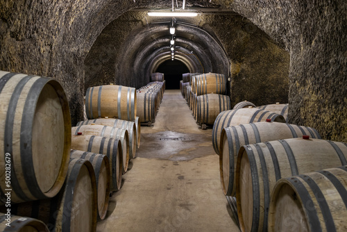 Wine cellars with barrels, traditional wine called Bikaver near Eger, Hungary