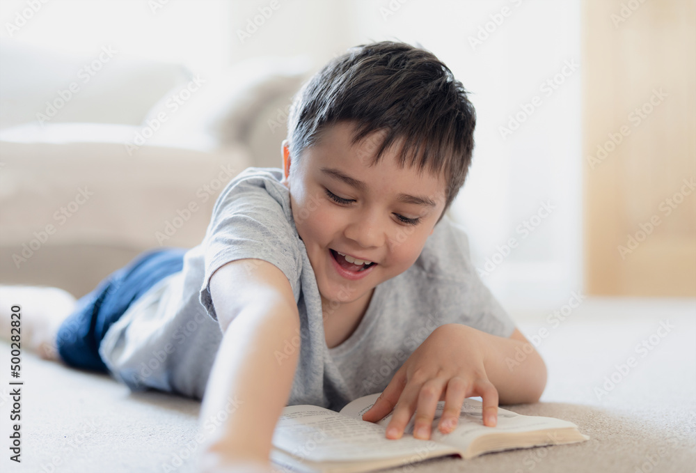 Portrait School kid reading a book for homework, Young boy lying on carpet enjoy reading the story in living room, Child relaxing at home on weekend. Home Schooling or Education concept Portrait School kid reading a book for homework, Young boy lying on carpet enjoy reading the story in living room, Child relaxing at home on weekend. Home Schooling or Education concept