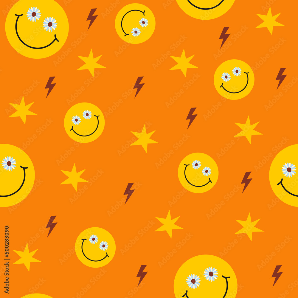 Retro groovy seamless pattern with smiling faces on a orange background. Cute colorful trendy vector illustration in style 60s, 70s Retro groovy seamless pattern with smiling faces on a orange background. Cute colorful trendy vector illustration in style 60s, 70s