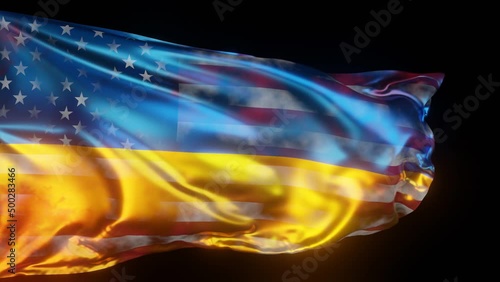 USkraine flag. The waving flag of ukraine on which the flag of the united states of america appears. photo