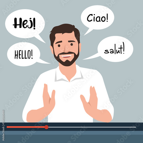 boy speaks various languages, people who have polyglot abilities, teaching online class flat vector illustration character