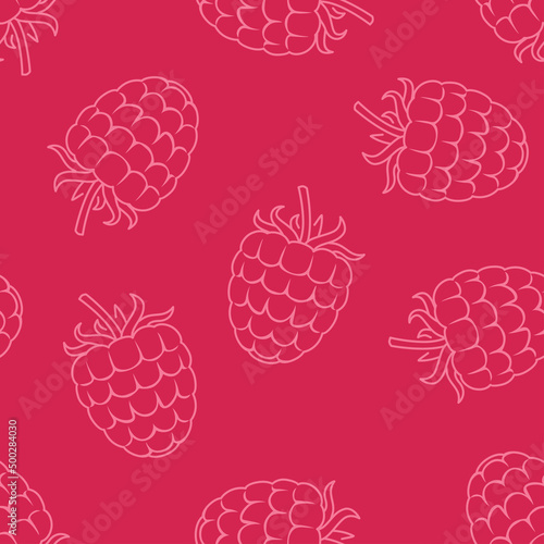 Raspberry outline seamless pattern. Berry fruit background. Vector food simple illustration. 
