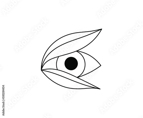 Vector isolated peeping eye hidden behind leaves colorless black and white contour line graphic doodle drawing