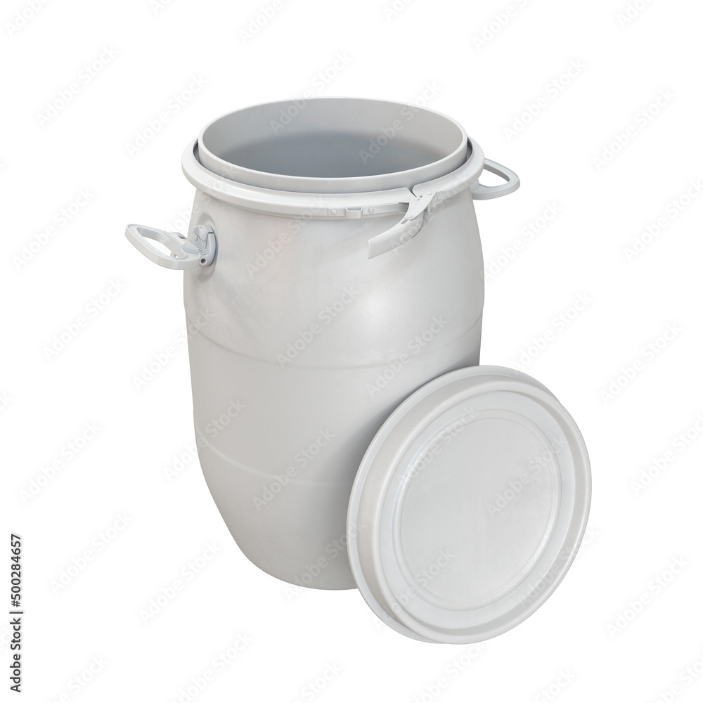 Plastic barrel with open lid white on white background, 3d render Plastic barrel with open lid white on white background, 3d render