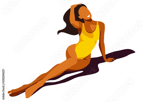 vector illustration on the theme of summer holidays. beautiful young tanned girl in a yellow swimsuit sunbathes on the beach. useful for advertising summer vacations, resorts, hotels, beaches, print