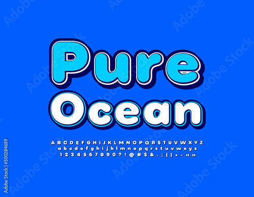 Vector eco concept Pure Ocean with White and Blue Font. Set of Trendy Alphabet Letters, Numbers and Symbols