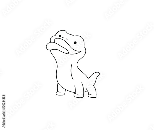 Vector isolated cute cartoon baby lizard with its open mouth and tongue hanging out colorless black and white contour line doodle drawing