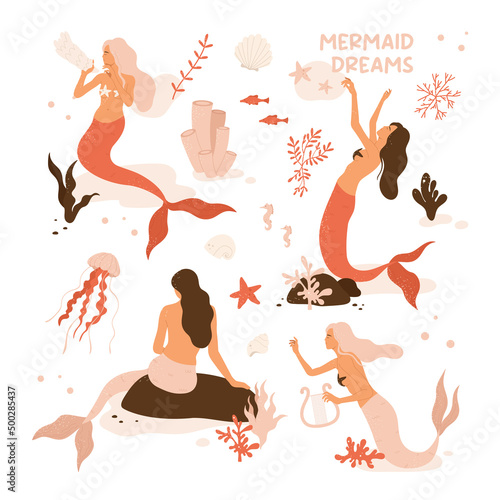 Beautiful young mermaid with ocean flora and fauna: algae, corals, fish, jellyfish. Fairy tale and underwater creature set. Sea and ocean aesthetic collection. Isolated vector illustration
