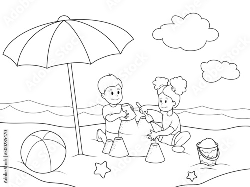 Children play on the beach. Children coloring book.