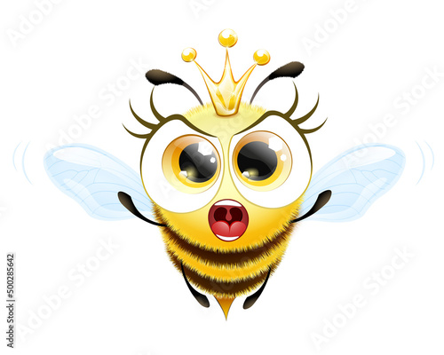 Cute funny cartoon angry screaming bee queen character with crown.