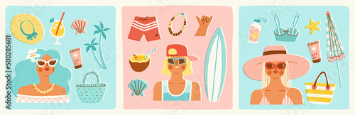 Portraits of young people enjoying their summer vacation. Vector illustration of girls at the beach and a surfer with related items. Trendy retro style.
