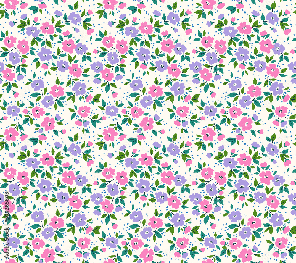 Cute floral pattern in the small flower. Seamless vector texture. Elegant template for fashion prints. Printing with small purple and pink flowers. White background. Stock print.