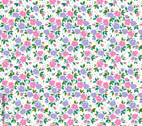 Cute floral pattern in the small flower. Seamless vector texture. Elegant template for fashion prints. Printing with small purple and pink flowers. White background. Stock print.