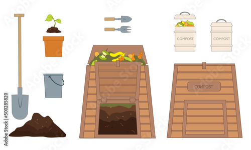 Set of compost and garden : open and closed compost box, shovel, kitchen bucket, plant and pot. Vector illustration isolated on white background.