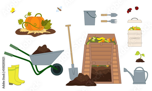 Set of gardening and composting tools : compost box, shovel, wheelbarrow, bucket, watering can, boots. Vector illustration isolated on white background.