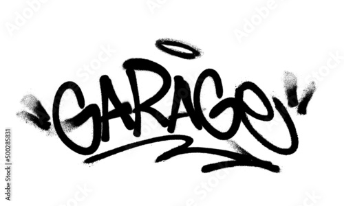 Sprayed garage font graffiti with overspray in black over white. Vector illustration.