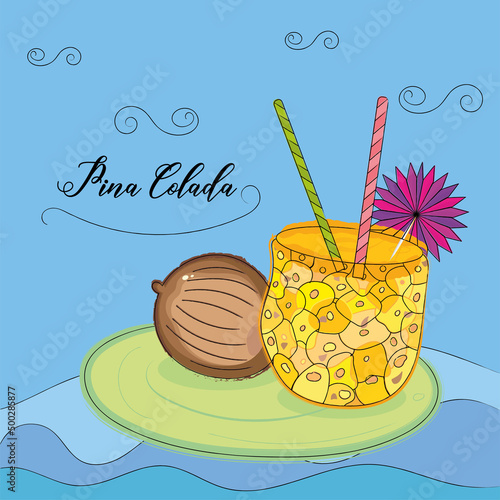 Sketch of a pina colada drink with umbrella and coconut Tropical cocktail Vector