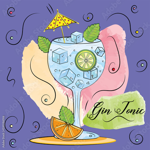 Sketch of a tropical gin tonic cocktail with ice cubes Tropical beverage Vector