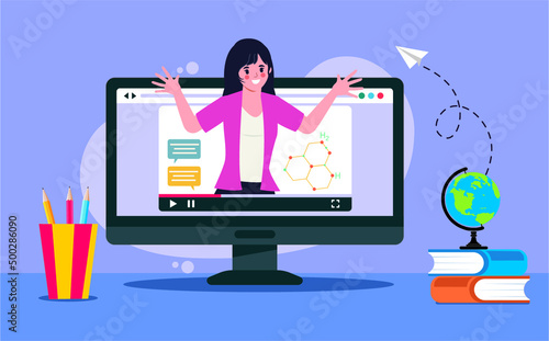 E-learning, online education, online course concept, home school, woman teacher teaching students on laptop computer screen, distance learning, new