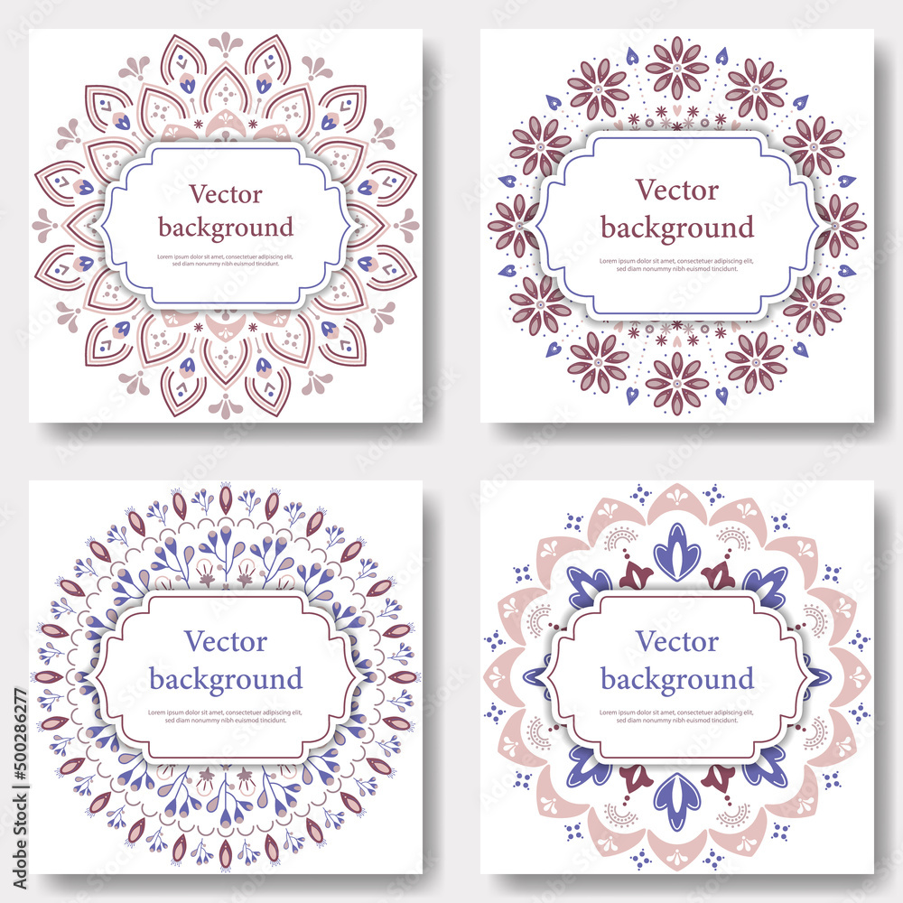 Set of abstract floral mandala on white background. Oriental square banner Set of abstract floral mandala on white background. Oriental square banner