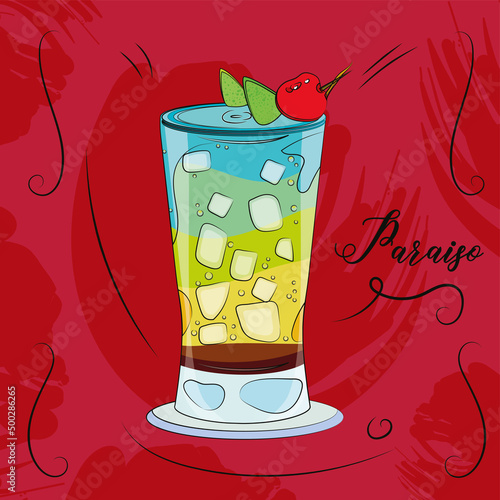 Sketch of a paraiso cocktail with a cherry Tropical cocktail Vector