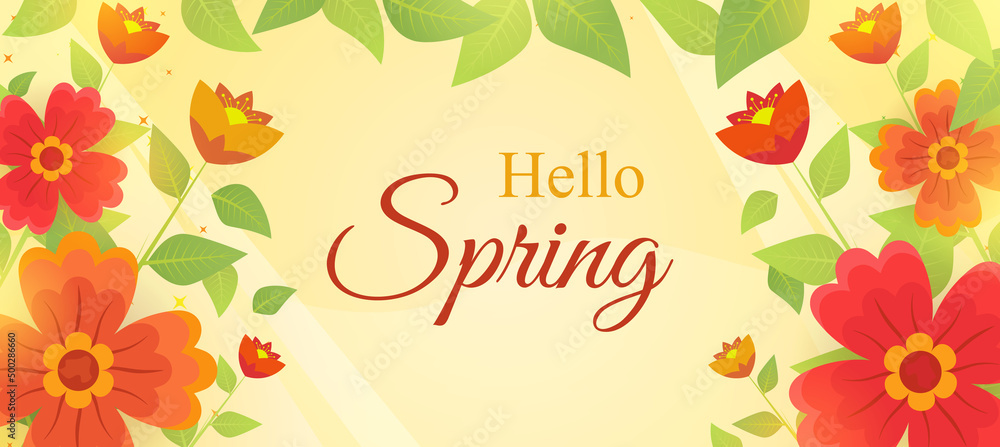 Hello Spring Banner with Red and Orange Flowers