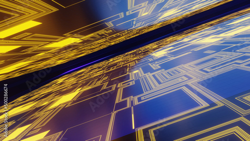 Fototapeta Naklejka Na Ścianę i Meble -  Futuristic printed circuit boards background in wide angle perspective, 3D rendering