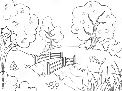 Landscape nature, garden with trees and river. Wooden bridge. Children coloring book.