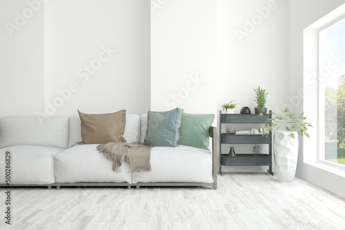 Modern living room in white color with sofa. Scandinavian interior design. 3D illustration