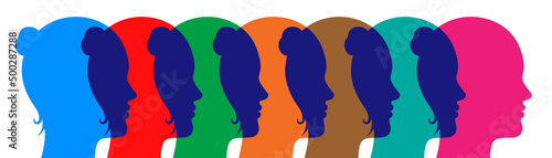Colorful women overlapping heads concept vector illustration. Different skin tone woman, isolated on white background.
