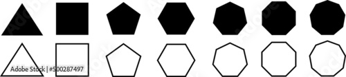 Set of geometric shapes, polygons with various number of sides: triangle, quadrangle, pentagon, hexagon, heptagon, octagon, nonagon icons collection, sharp and slightly rounded version 