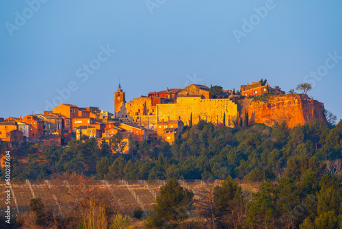 Landscape with historic ocher village Roussillon, Provence, Luberon, Vaucluse, France photo
