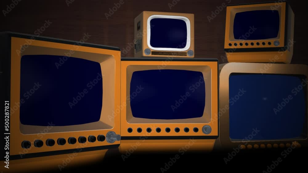 Vidéo Stock 3d Loop Animation of televisions with no signal and blank green screen monitor, move