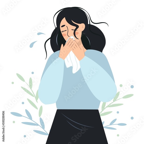 Sad young woman crying on the background of decorative leaves. The girl suffers, covering her mouth with a handkerchief. The concept of human grief, suffering, depression. Flat isolated design. Vector