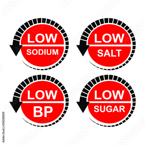 Low sodium, low salt, low bp, low sugar labels set. labels collection. 