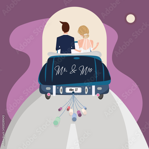 Married couple on a car Wedding colored template Vector