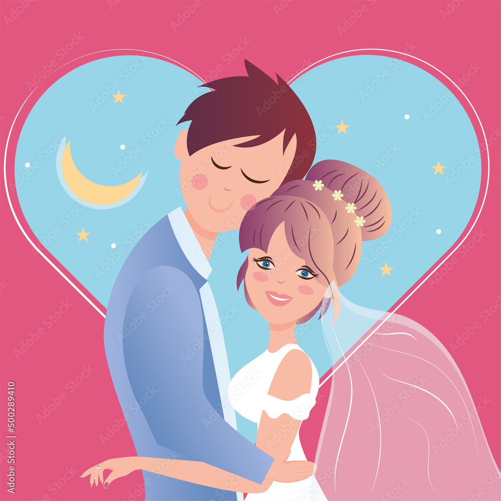Happy married couple hugging each other Colored wedding template Vector Happy married couple hugging each other Colored wedding template Vector