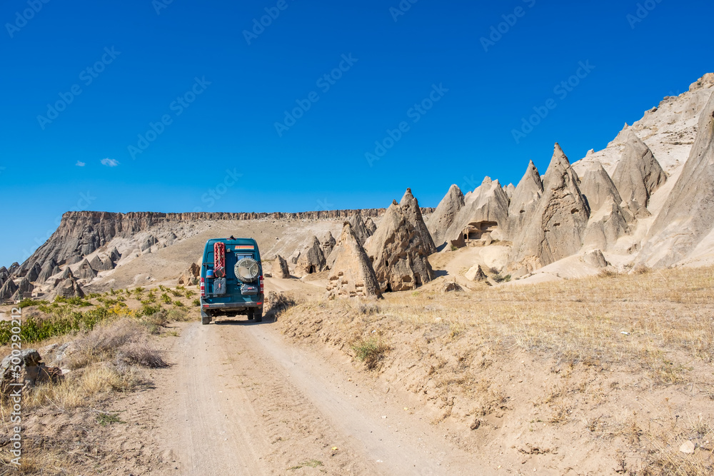 Ihlara Valley. 4x4 camper with the famous chimneys of the Cappadocia region in Turkey Ihlara Valley. 4x4 camper with the famous chimneys of the Cappadocia region in Turkey