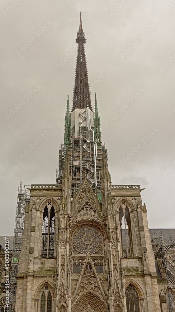  Spire of Rouen cathedral in scaffolding
Download preview
Gothic spire of Rouen cathedral in scaffolding for reconstruction works
