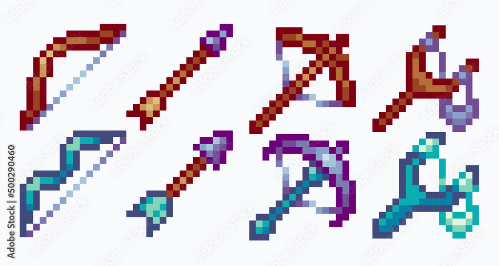 Bow, slingshot and crossbow pixel art set. Archery collection. 8-bit sprite. Game development, mobile app. Isolated vector illustration. Bow, slingshot and crossbow pixel art set. Archery collection. 8-bit sprite. Game development, mobile app. Isolated vector illustration.