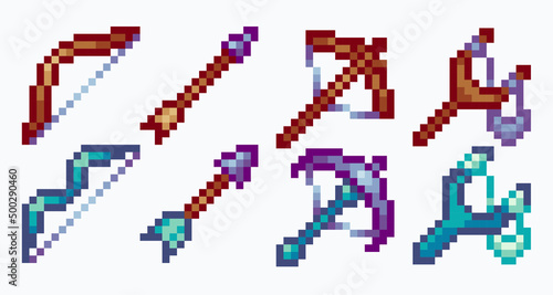 Bow, slingshot and crossbow pixel art set. Archery collection. 8-bit sprite. Game development, mobile app.  Isolated vector illustration.