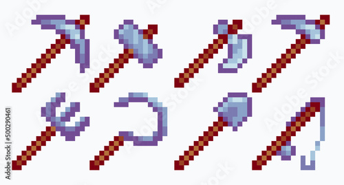 Tools pixel art set. Pickaxe, axe, shovel, hoe collection. 8-bit sprite. Game development, mobile app.  Isolated vector illustration.