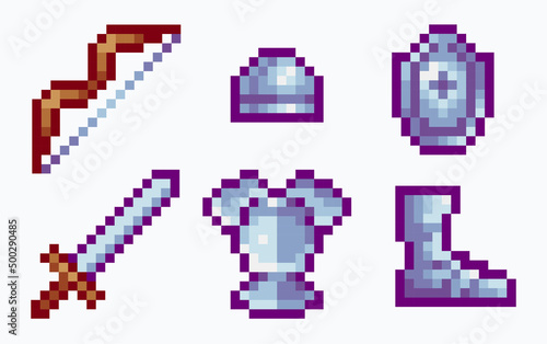 Steel armor and weapons pixel art set. Medieval combat ammunition collection. 8-bit sprite. Game development, mobile app.  Isolated vector illustration.