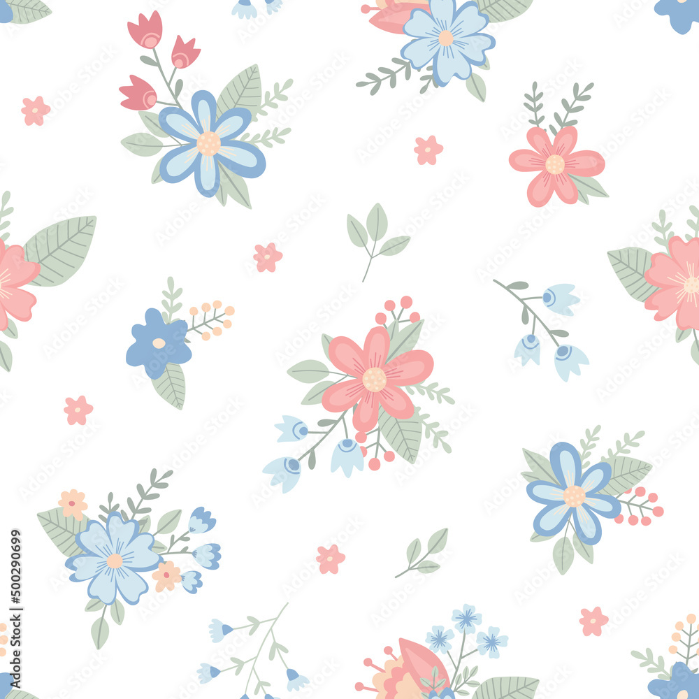 Seamless pattern with childish flowers on white background. Cute vector illustration in pastel colors with floral elements, for design, fabric and textiles.