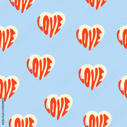 Vector retro seamless pattern with the word love and hearts on blue background. Trendy design for valentine's day, wedding, love theme, textile, wallpaper, wrapping paper	